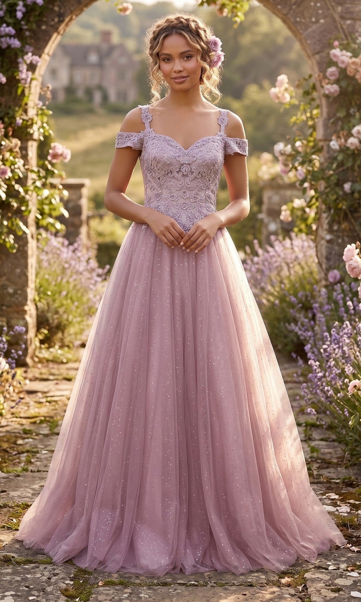 A woman in a mocha Long Formal Dress: Chicas YG5012, featuring an off-shoulder design and lace-embroidered bodice, stands in a garden with stone archways and blooming flowers, looking at the camera.